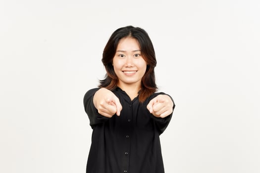 Smiling and pointing at camera of Beautiful Asian Woman Isolated On White Background photo