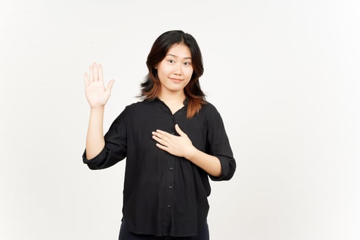 Swearing gesture of Beautiful Asian Woman Isolated On White Background photo