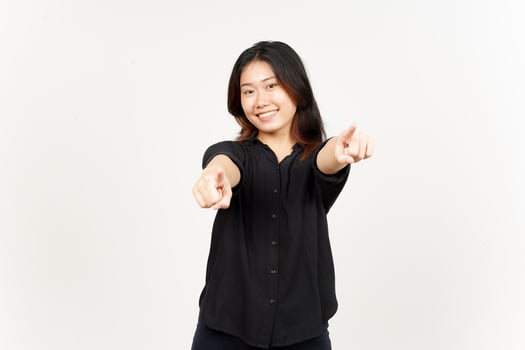 Smiling and pointing at camera of Beautiful Asian Woman Isolated On White Background photo