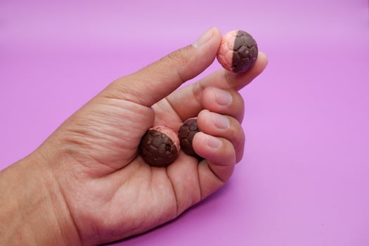 Hand holding chocolate snack shaped like a soccer ball, half brown and pink, on purple background photo