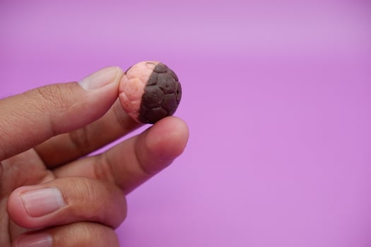 Chocolate ball snack with soccer ball design, hand holding half pink, half brown treat on purple photo