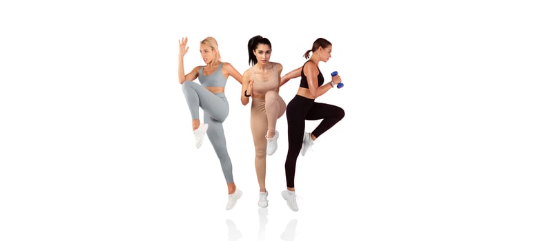 Three women demonstrate different exercises while wearing modern workout clothing. Their poses reflect an energetic atmosphere in a well-lit indoor space, promoting fitness and health. photo