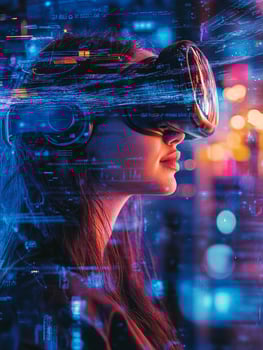 Woman experiencing virtual reality with futuristic headset and holographic data stream photo