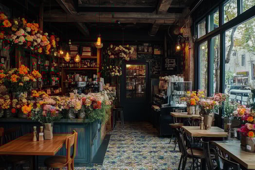 Cozy flower shop and cafe interior with rustic decor and hanging lights photo