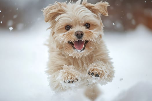 Happy dog running and playing in the snow photo