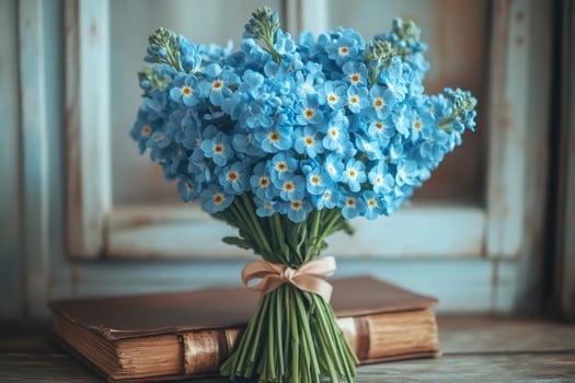 Bouquet of forget-me-nots resting on antique book evoking nostalgic memories photo