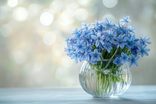 Bouquet of blue puschkinias blooming in round glass vase on gray background photo