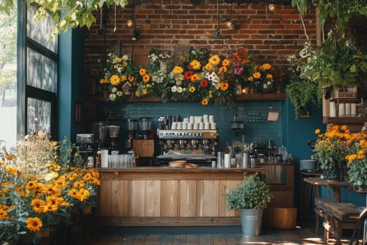 Trendy coffee shop decorated with beautiful flowers and plants photo
