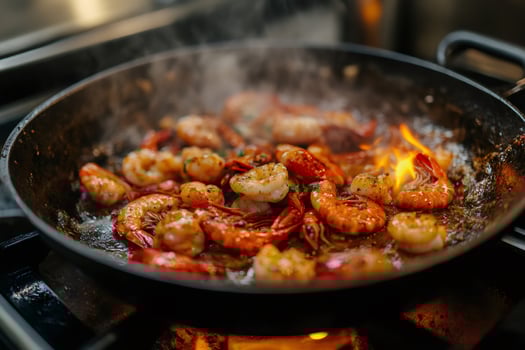 Chef cooking shrimps in a hot pan with fire and smoke photo