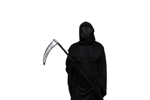 Grim reaper holding a scythe in Halloween costume white background photo