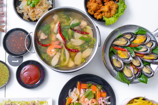 Thai favorite food on white table. Food for dinner. photo
