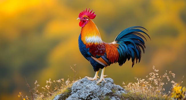 Rooster perched proudly on a rock. Colorful rooster standing majestically on a rock at sunrise with a vibrant natural backdrop photo