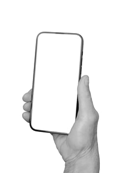 Smartphone mockup. Senior woman s wrinkled hand holding a mobile device, front view showcasing the photo