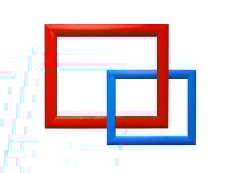 Surreal intertwined picture frames. Two overlapping rectangular frames in red and blue, creating a photo