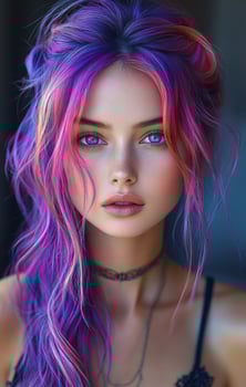 A woman with purple hair and blue eyes is wearing a black tank top and a necklace. The image has a vibrant and colorful mood, with the woman's hair being the main focus photo