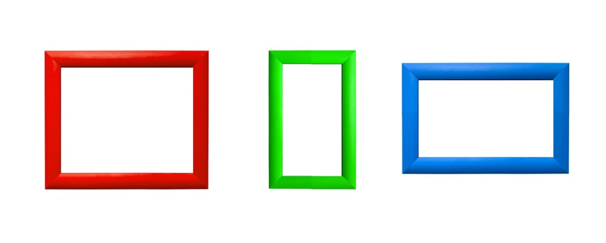 Picture frames set. Modern rectangular designs in red, green, and blue borders, various sizes for photo
