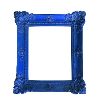Modern retro hanging picture frame. Ornate trendy baroque design in blue color, blending classic and photo
