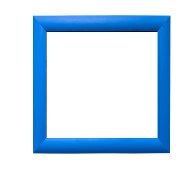 Modern picture frame. Simple square design with a wooden border, bright blue color, and contemporary photo