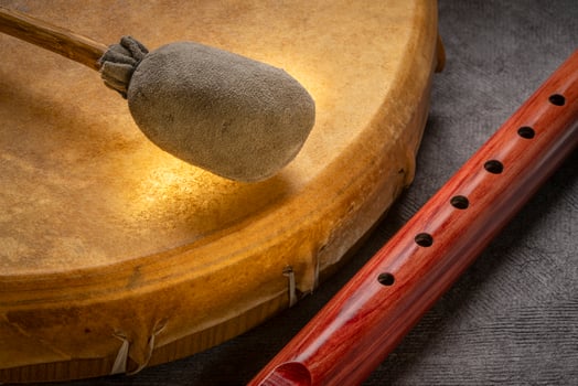 native American style flute handcrafted from aromatic cedar wood and shaman drum with a beater photo