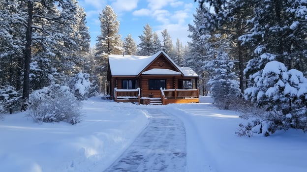 A small cabin in the snow surrounded by trees photo