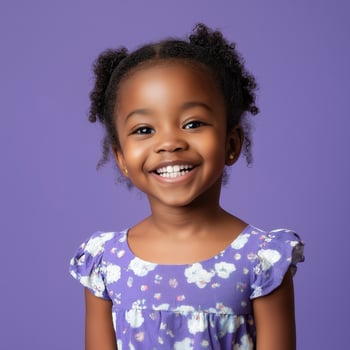 a little girl smiles in front of a purple background photo