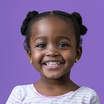 a young girl smiles in front of a purple background photo