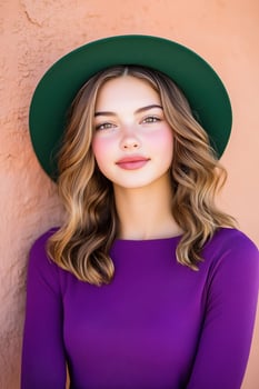 Young woman in vintage-inspired outfit poses against textured brown wall with serene blue sky in the background photo