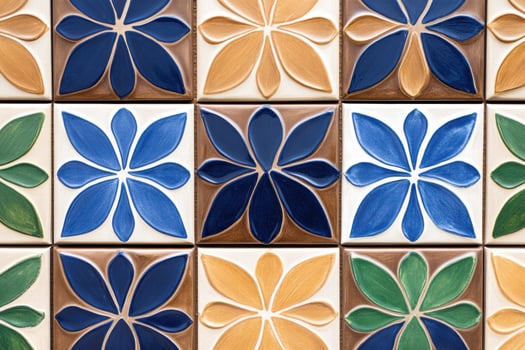 Hand-painted ceramic tiles featuring geometric designs in vibrant colors suitable for home decor and artistic applications photo