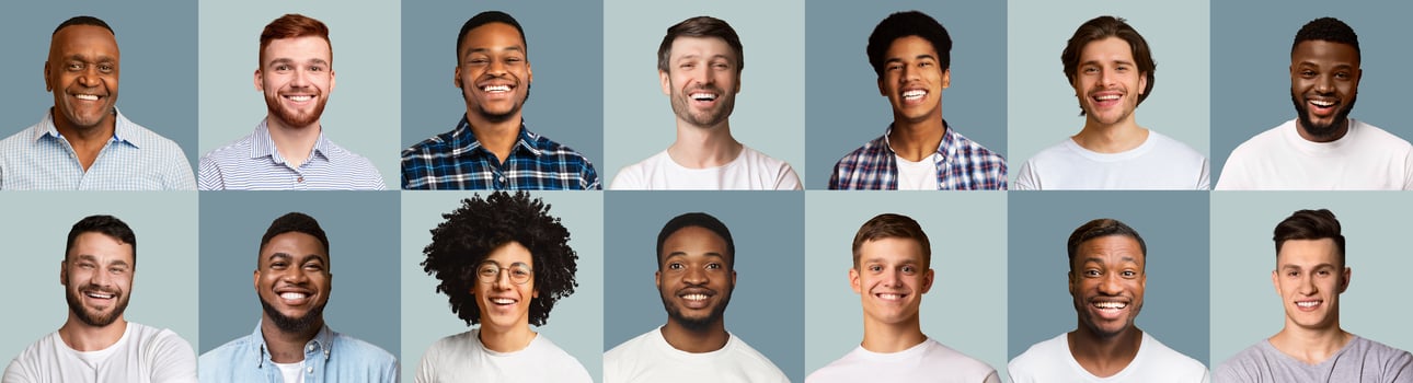 Set of happy multiracial people men smiling on blue studio backgrounds, panorama. Collage of portraits of candid handsome and cheerful young african american and caucasian guys posing at studio photo