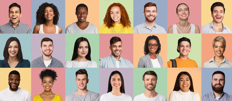 Positive Emotions Faces Collage. Set Of Diverse Human Portraits On Different Pastel Colored Backgrounds. Successful Young Millennial People Heads, Happy Multicultural Men And Women Headshots Mosaic. photo