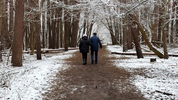 Mature couple going on snowy path at winter pine forest. Senior husband and wife walking through trail at coniferous woodland. Older pair of pensioners spending time together at nature photo