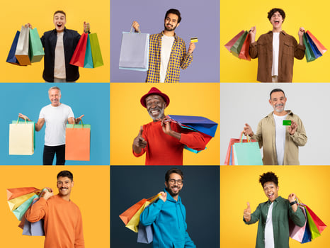 Various individuals happily display their shopping bags filled with purchases, celebrating the excitement of discount sales. This vibrant collage captures the joy of a successful shopping experience. photo