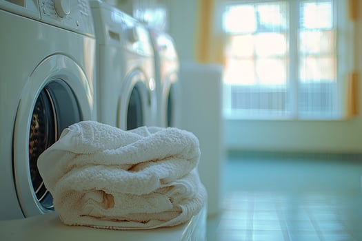Fresh towels near washing machines in a bright laundry room photo