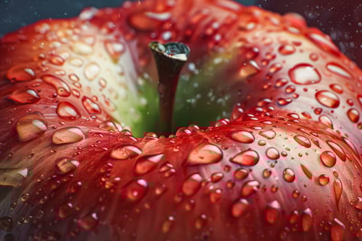 Red apple with a green stem is covered in raindrops photo