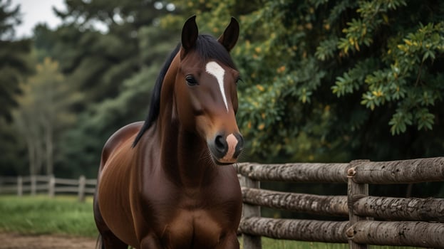 Portrait of a brown horse by a farm fence photo