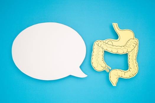 White speech bubble and a large intestine shape made from yellow paper over a blue background photo