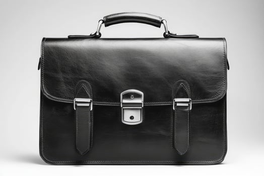 Elegant black leather briefcase closing with silver buckles on white background photo