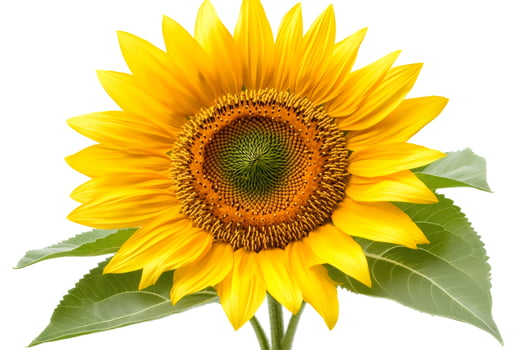 Sunflower blooming with bright yellow petals and green leaves on white background photo