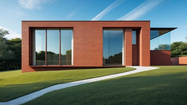Modern Red Brick House with Large Windows in Green Landscape Under Clear Blue Sky photo