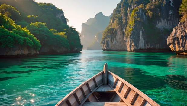 Serene boat ride through crystal clear waters surrounded by lush greenery and rocky cliffs on a tranquil island adventure photo