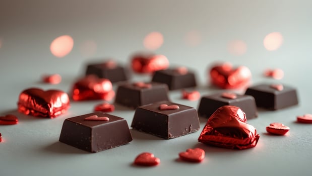 Delicious Dark Chocolate Squares Red Foil Hearts Valentine s Day Sweets photo