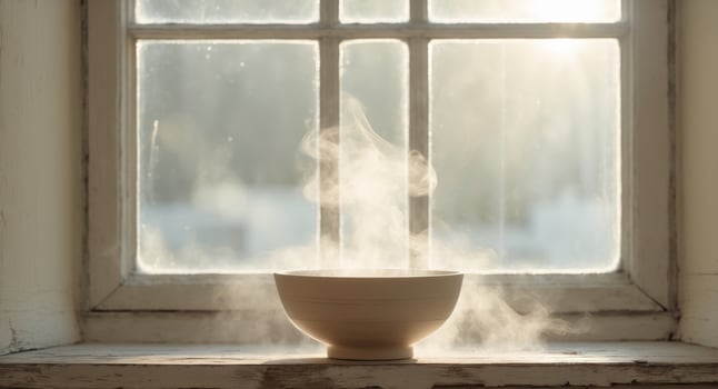 A Cozy Still Life with a Steaming Bowl on a Wooden WindowsillA Cozy Still Life with a Steaming Bowl on a Wooden Windowsill. photo