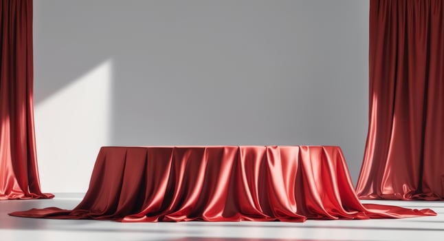Red Satin Table Cloth Background Luxury Silk Fabric Draped Display for Award Ceremony Stage Presentation photo