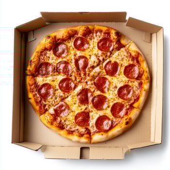 Freshly baked pepperoni pizza in a takeout box ready to enjoy for a meal with friends photo