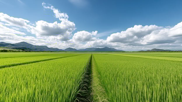 serene rice field under bright sky with fluffy clouds and mountains photo