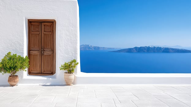 Stunning view of white building with wooden door and sea backdrop photo