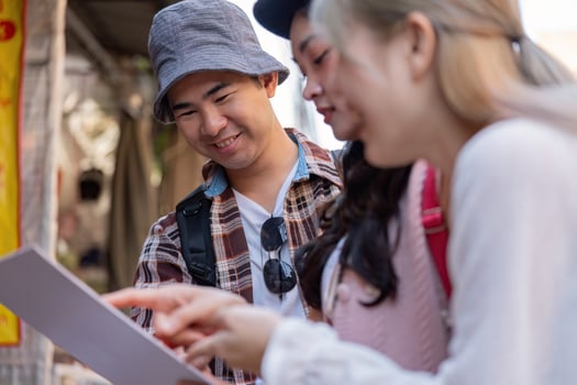 New destinations with friends travel adventure in a vibrant market engaging atmosphere joyful moments photo