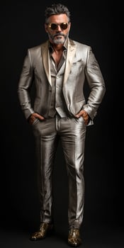 Elegant man in a shiny suit with sunglasses posing confidently indoors photo