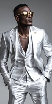 Stylish man in a shining silver suit striking a confident pose indoors photo