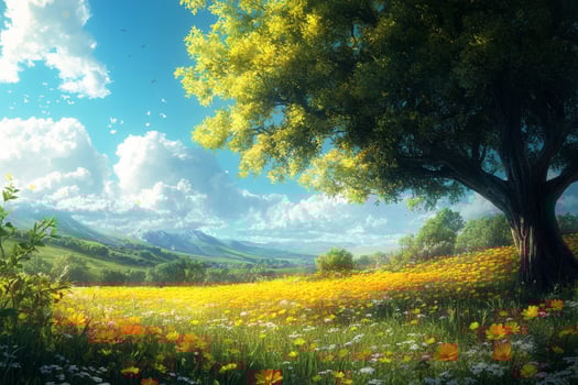The field of flowers and trees is beautiful photo